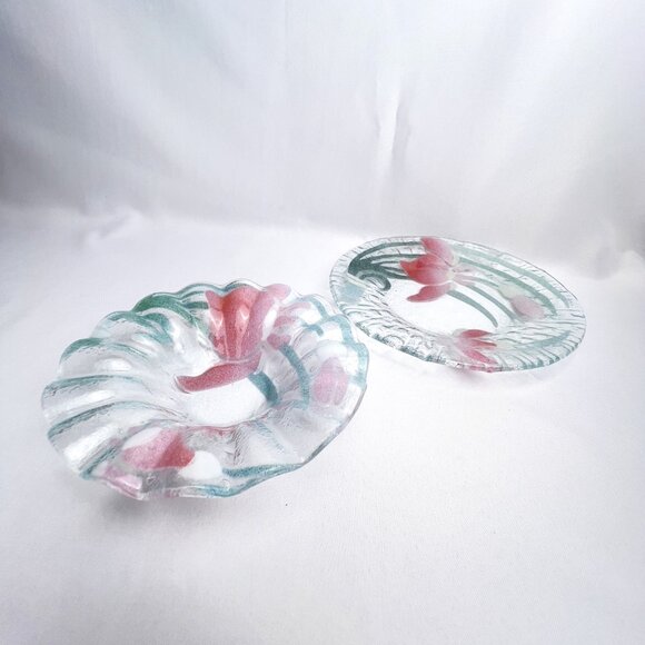 Fused Art Glass Bowl & Plate Set Pink Green Swirl Textured Floral Decor 2pc. - Picture 11 of 11